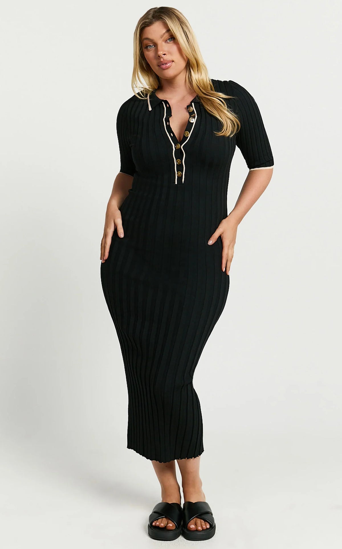 Lada Midi Dress - Short Sleeve Button Front Knit Dress in Black