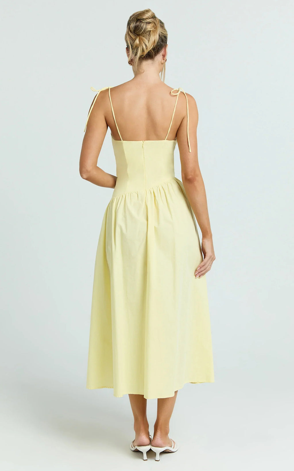 Myrtle Midi Dress - Straight Neck Curved Drop Waist Gathered Full Skirt Dress in Lemon