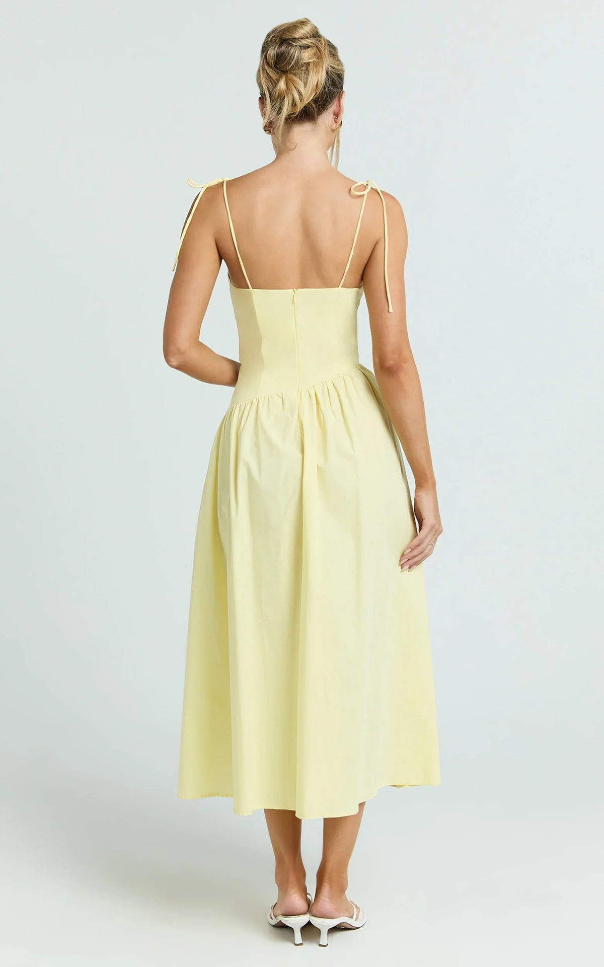 Myrtle Midi Dress - Straight Neck Curved Drop Waist Gathered Full Skirt Dress in Lemon