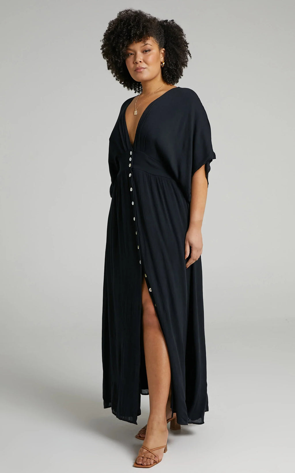 Sitting Pretty Maxi Dress - Short Sleeve Button Down Dress in Black