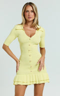 Mischa Mini Dress - Collared Short Sleeve Fit And Flare Knitted Dress in Lemon