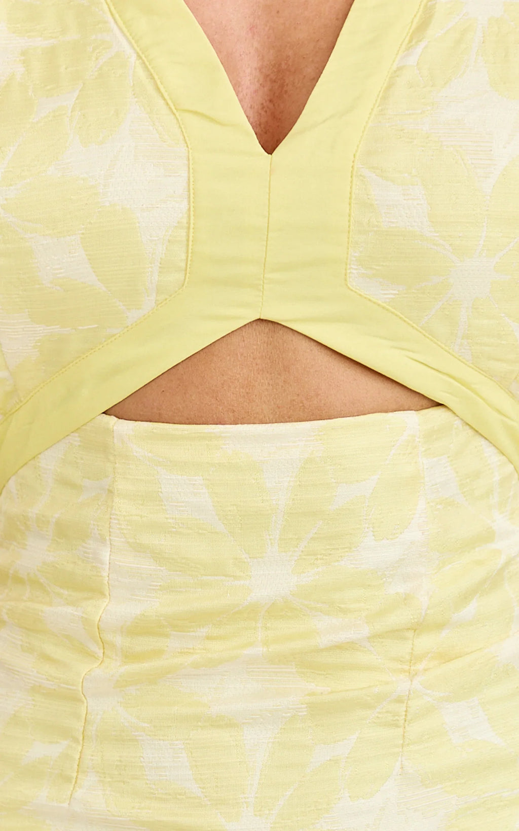 Diana Mini Dress - Jacquard Short Sleeve Cut Out Dress in Lemon
