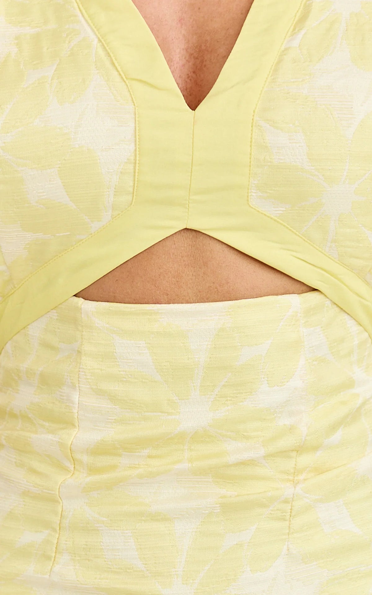 Diana Mini Dress - Jacquard Short Sleeve Cut Out Dress in Lemon