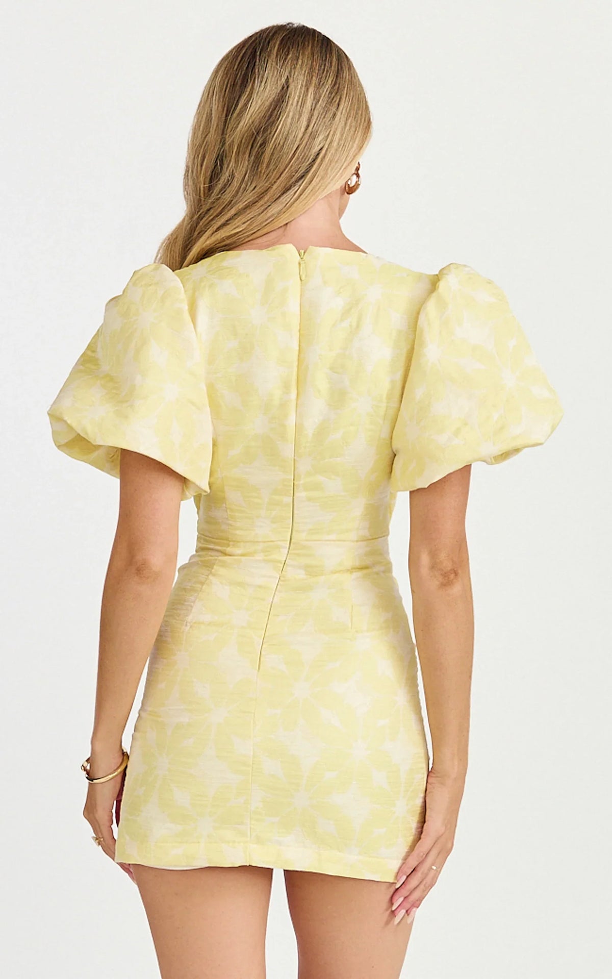 Diana Mini Dress - Jacquard Short Sleeve Cut Out Dress in Lemon