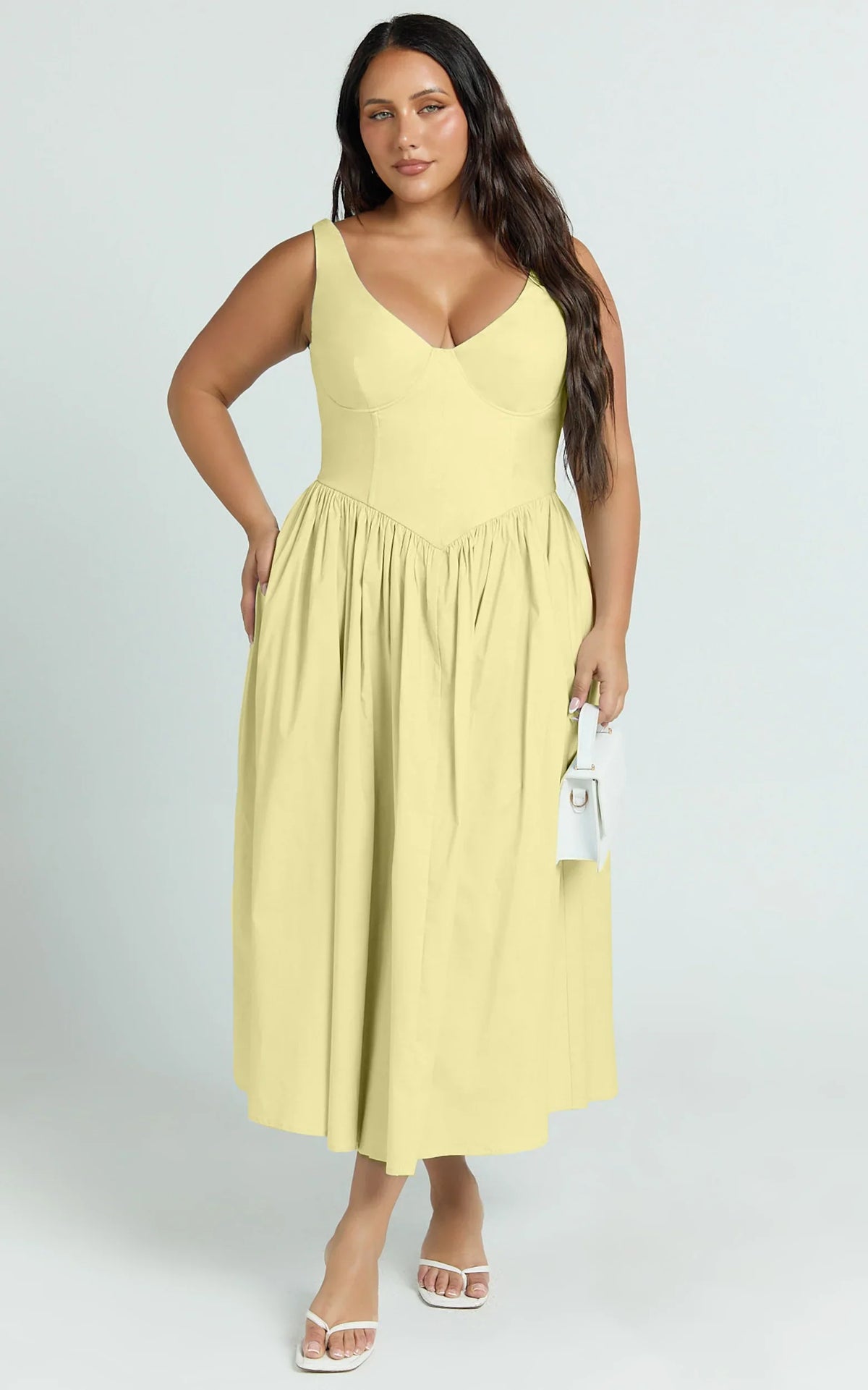 Beckett Midi Dress - Scoop Neck Drop V Waist Gathered Skirt Dress in Butter Yellow