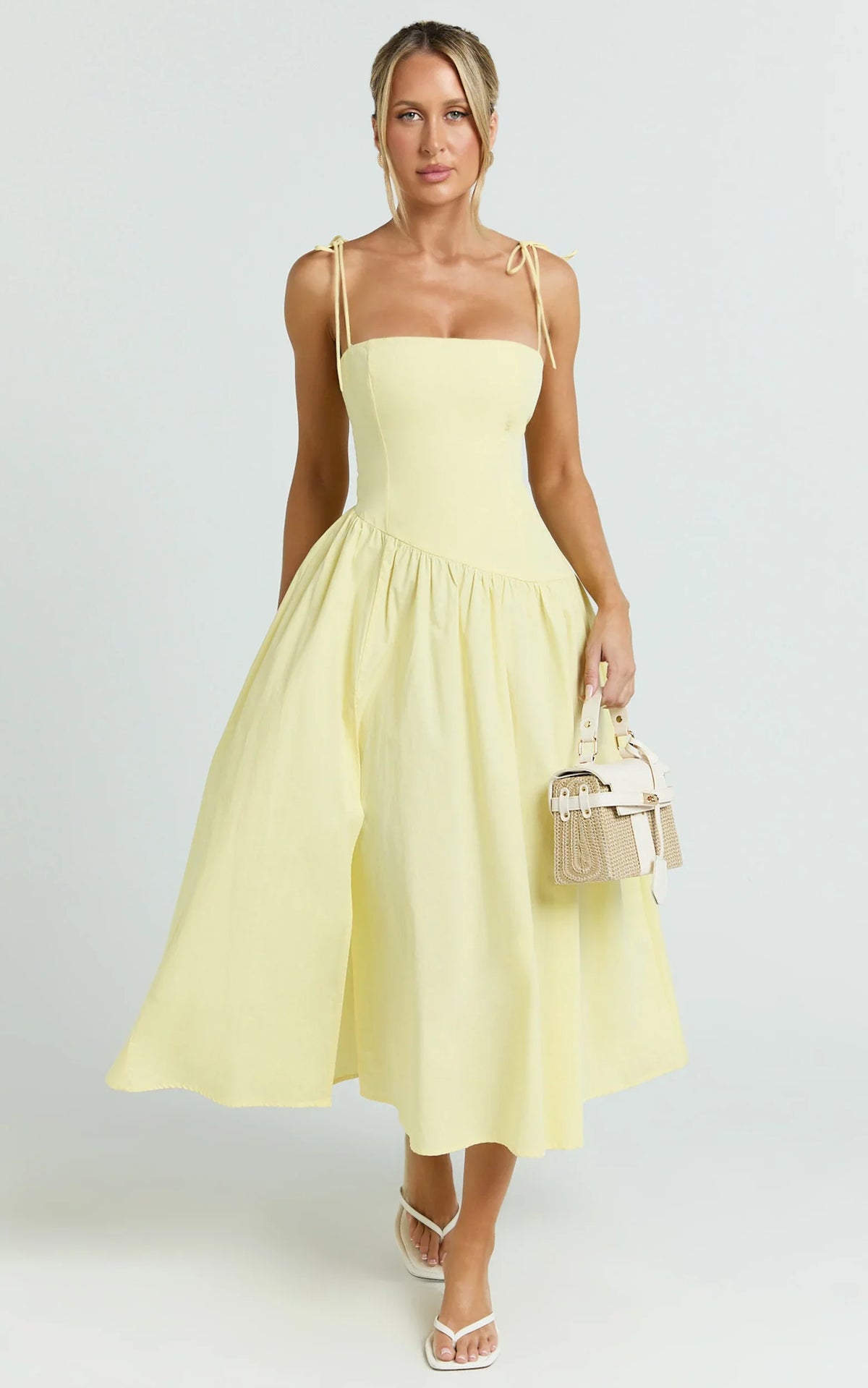 Myrtle Midi Dress - Straight Neck Curved Drop Waist Gathered Full Skirt Dress in Lemon