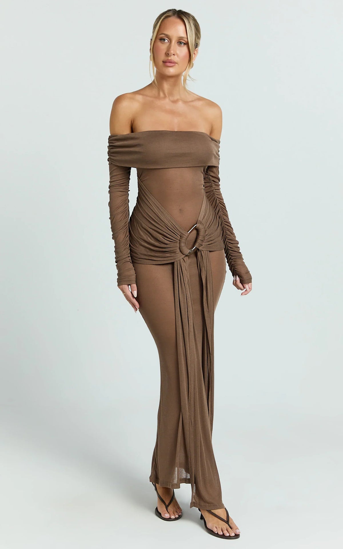 Velma Maxi Dress - Jersey Long Sleeve Off Shoulder Twist Skirt Dress in Brown