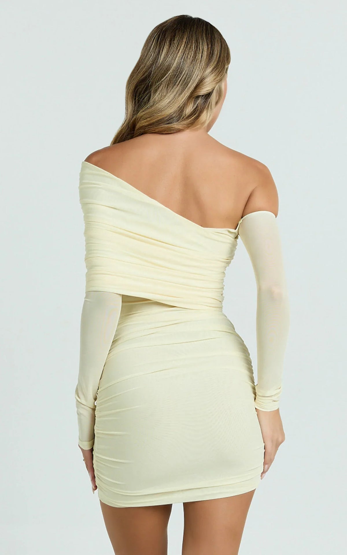 Imelda Mini Dress - Tipped Off Shoulder Long Sleeve Ruched Fitted Skirt Dress in Lemon