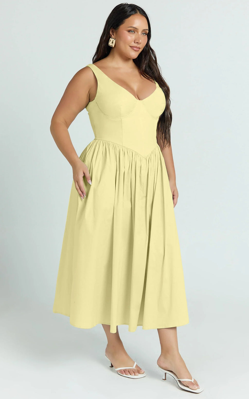 Beckett Midi Dress - Scoop Neck Drop V Waist Gathered Skirt Dress in Butter Yellow