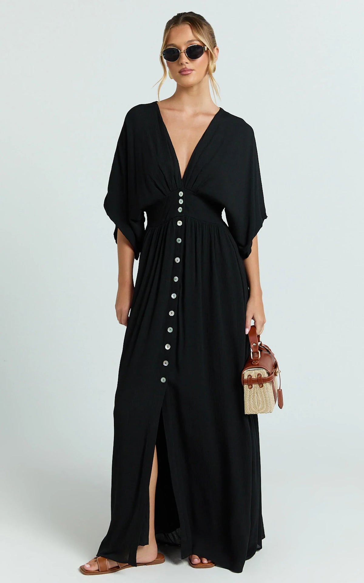 Sitting Pretty Maxi Dress - Short Sleeve Button Down Dress in Black