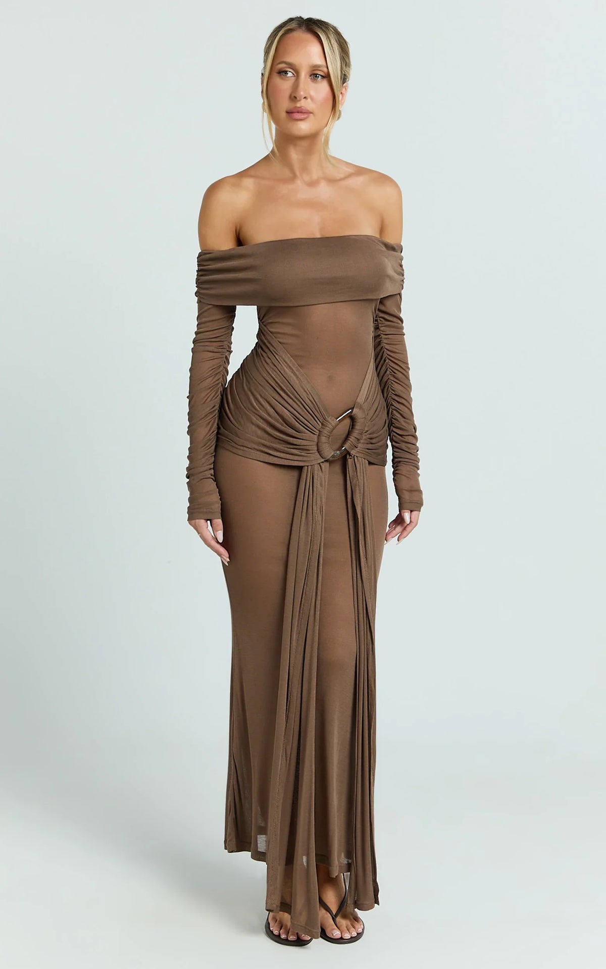 Velma Maxi Dress - Jersey Long Sleeve Off Shoulder Twist Skirt Dress in Brown