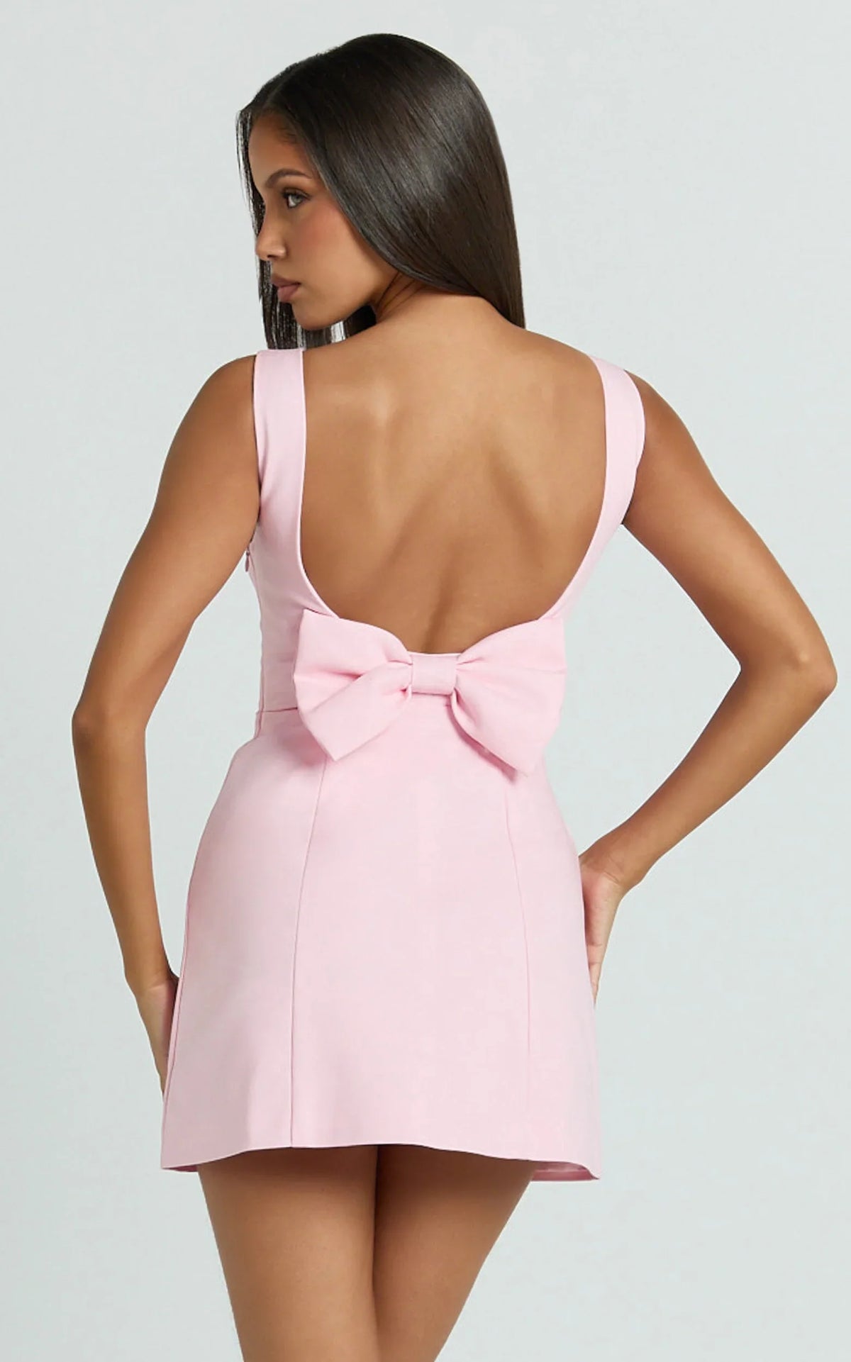 Windsor Mini Dress - Line Skirt Back Bow Dress in Pale Pink