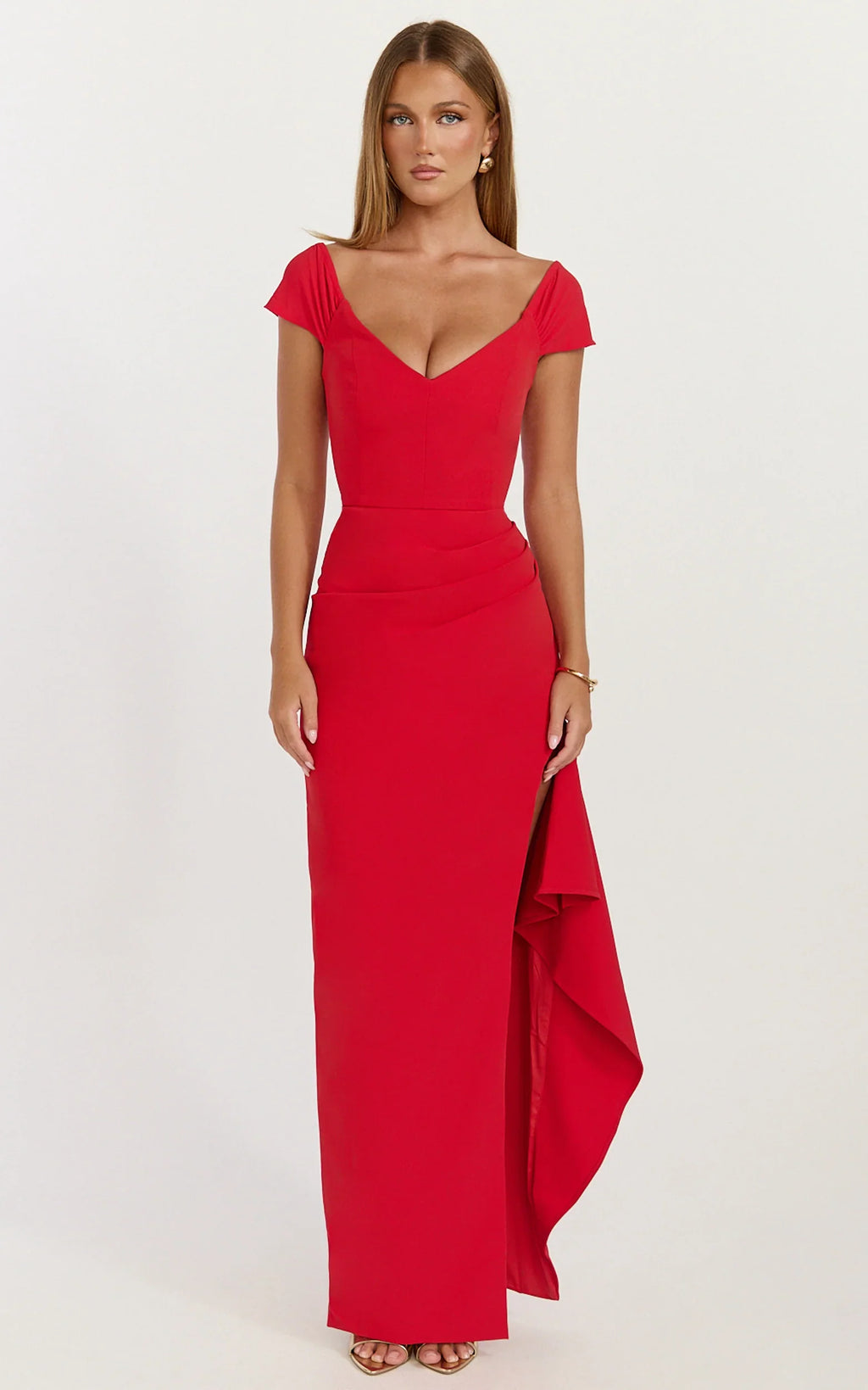 Skye Maxi Dress - V Shaped Neckline Short Sleeve Dress in Red