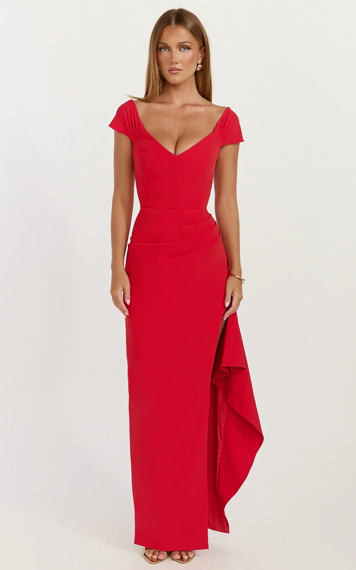 Skye Maxi Dress - V Shaped Neckline Short Sleeve Dress in Red