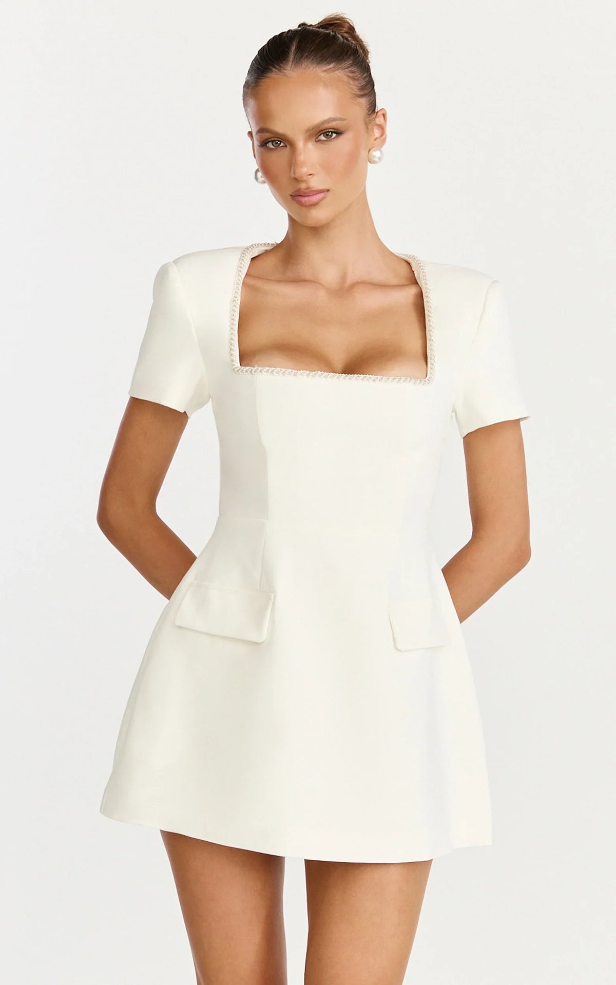 Nakita Mini Dress - Short Sleeve Pearl Trim Square Neck Tulip Dress in White