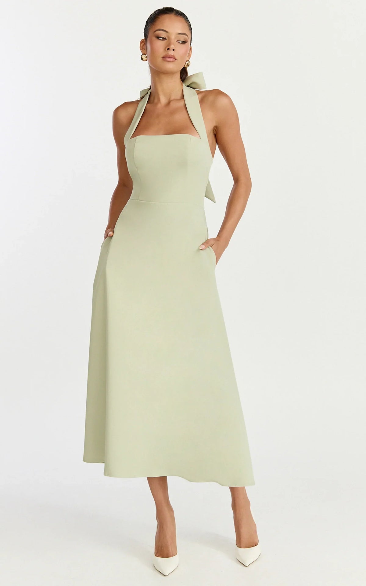 Karissa Midi Dress - Halter Neck Fitted Bodice Midi Soft A Line Skirt Dress in Pistachio