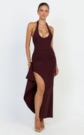 Lani Midi Dress - Scooped Neckline Draped Skirt Halter Dress in Dark Plum