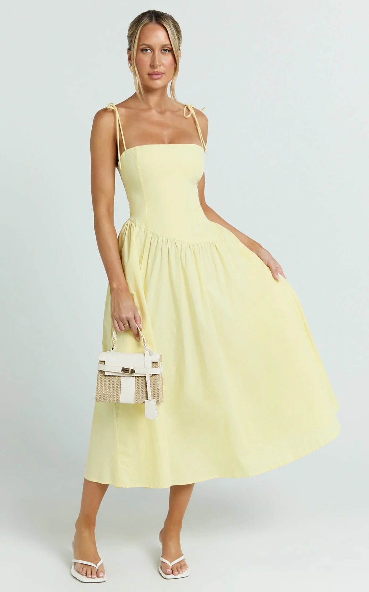 Myrtle Midi Dress - Straight Neck Curved Drop Waist Gathered Full Skirt Dress in Lemon