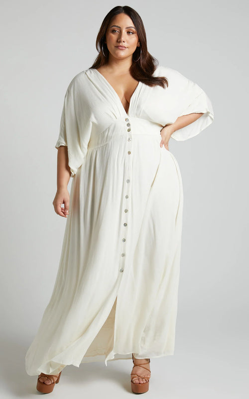 Sitting Pretty Maxi Dress - Short Sleeve Button Down Dress in Natural