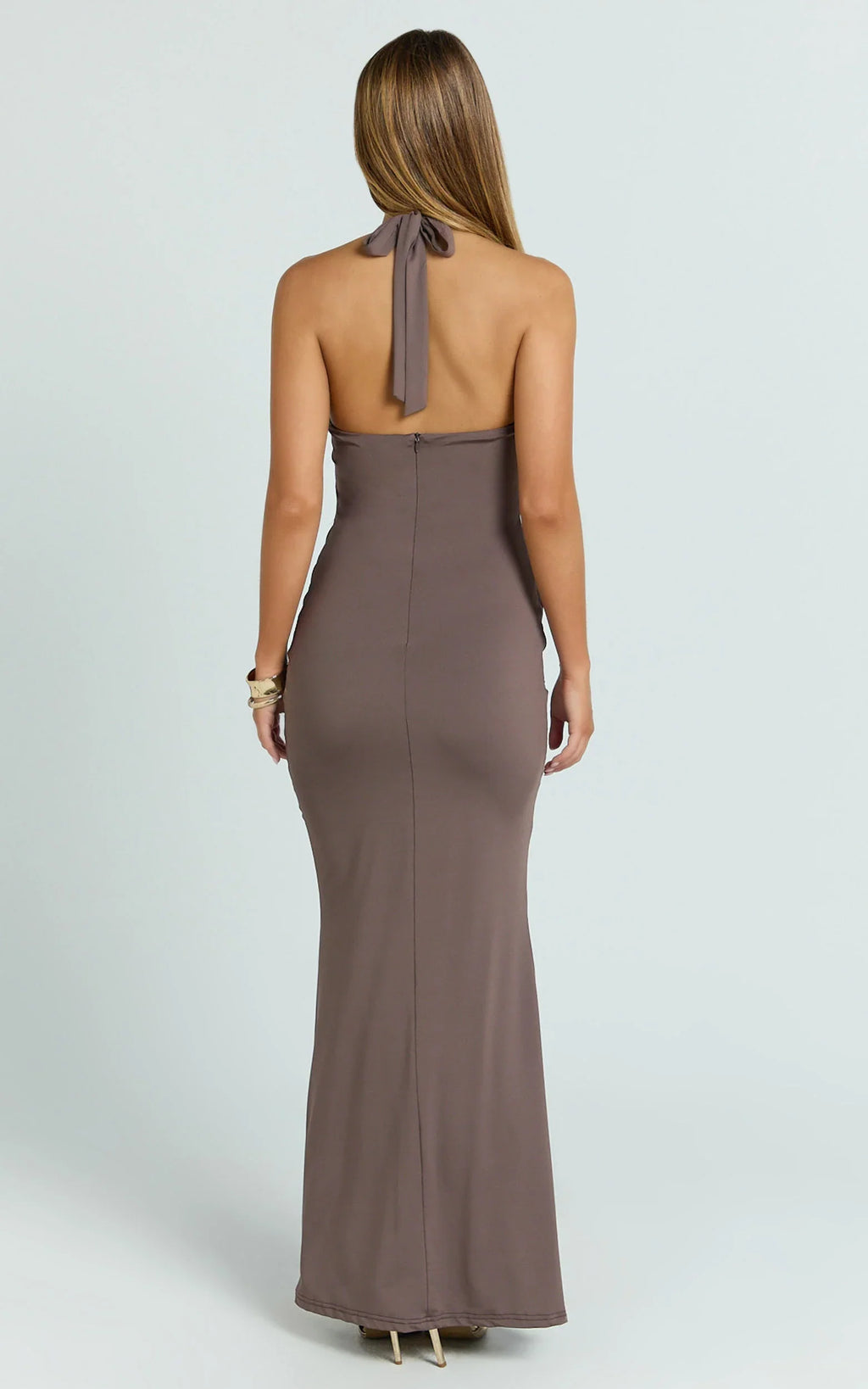 Heath Maxi Dress - Scoop Halter Neck With Drape Front Skirt Back Split Dress in Brown