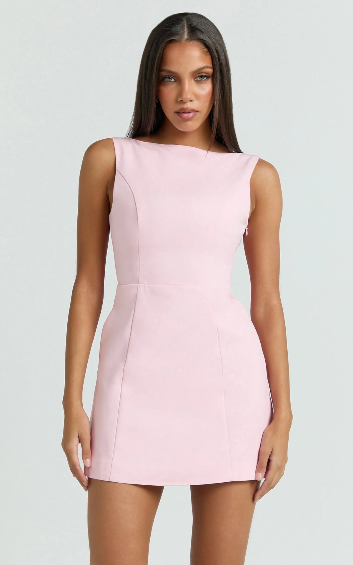 Windsor Mini Dress - Line Skirt Back Bow Dress in Pale Pink