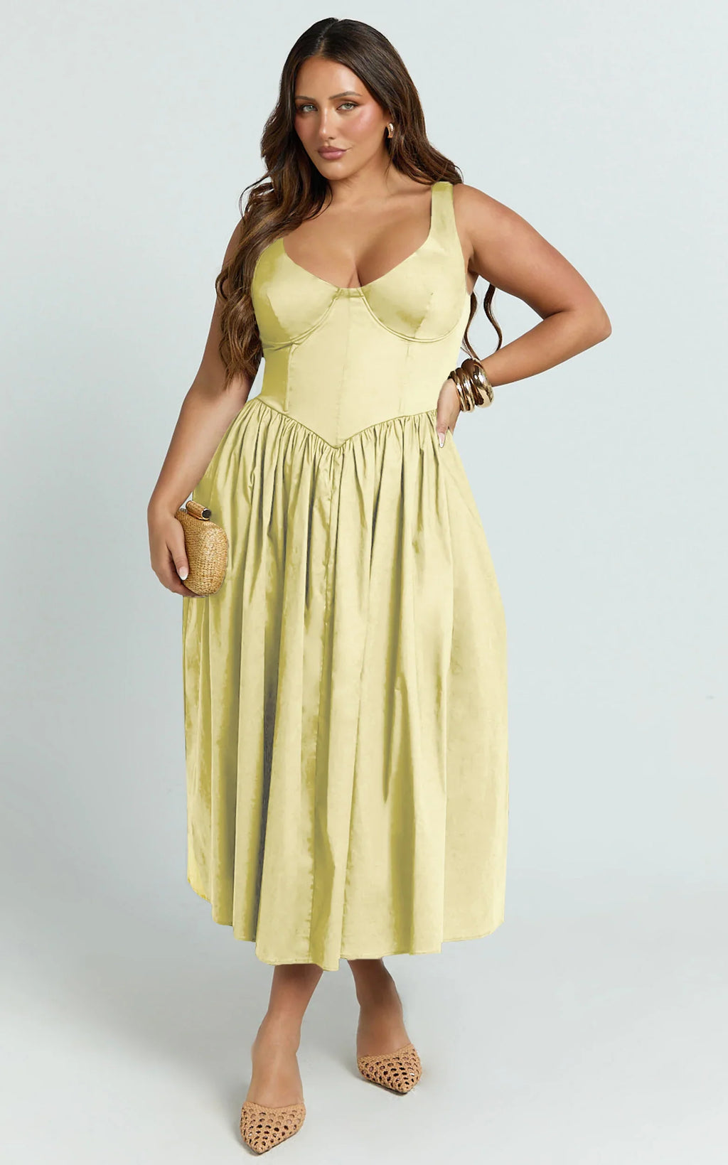 Beckett Midi Dress - Scoop Neck Drop V Waist Gathered Skirt Dress in Butter Yellow