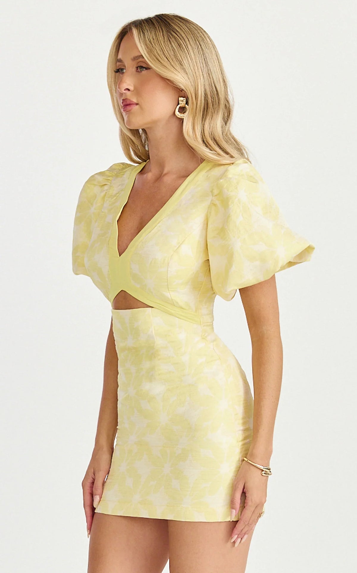 Diana Mini Dress - Jacquard Short Sleeve Cut Out Dress in Lemon