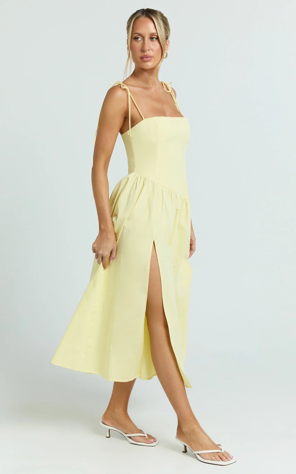 Myrtle Midi Dress - Straight Neck Curved Drop Waist Gathered Full Skirt Dress in Lemon