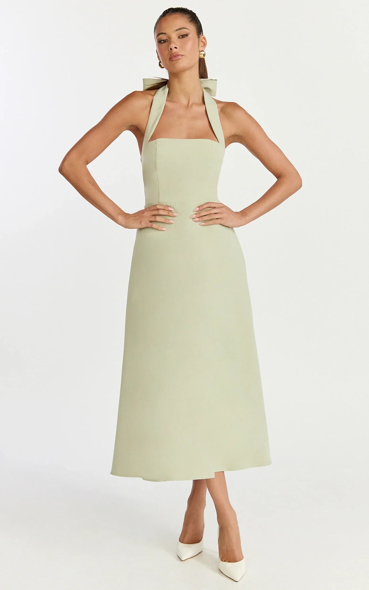 Karissa Midi Dress - Halter Neck Fitted Bodice Midi Soft A Line Skirt Dress in Pistachio