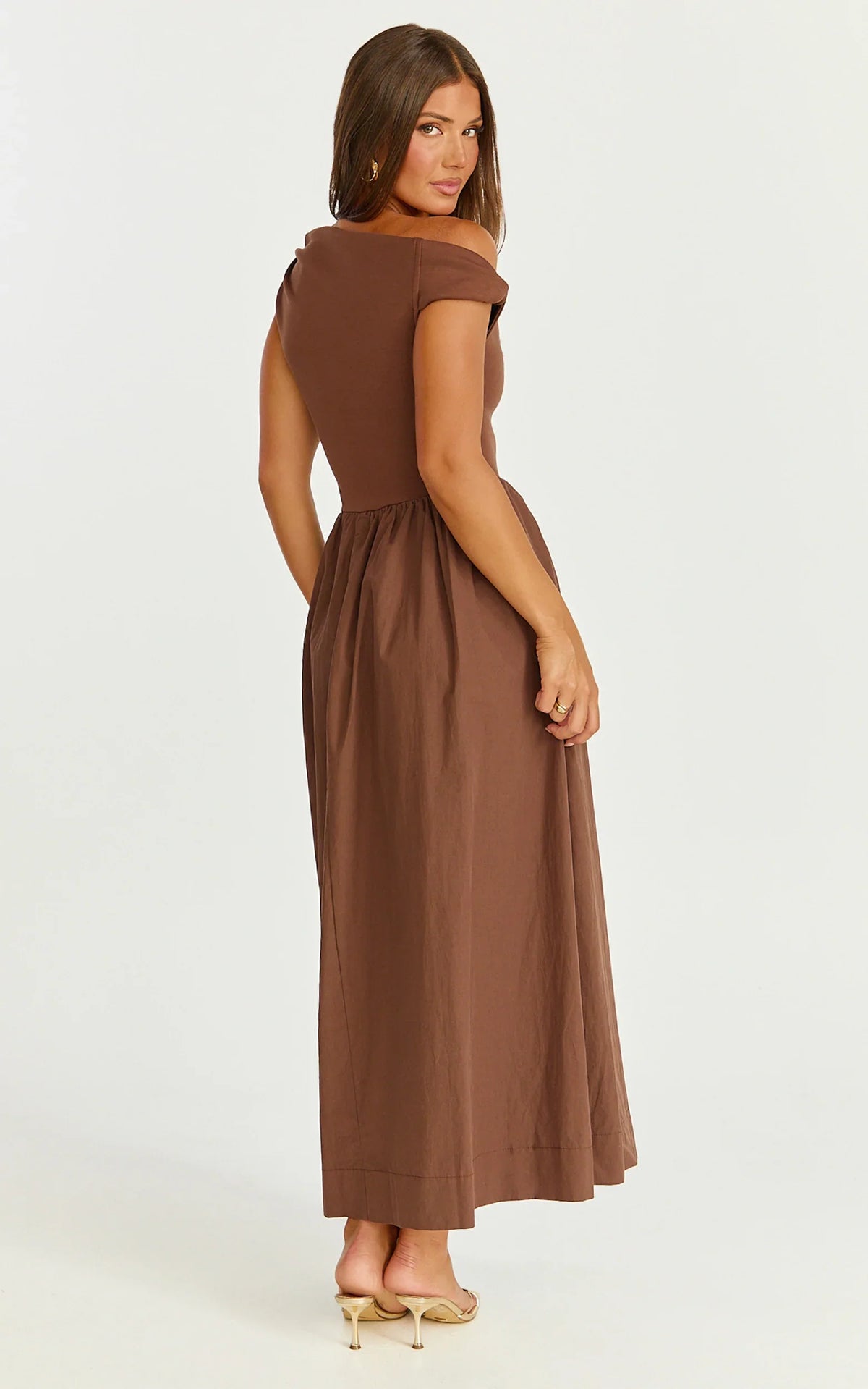 Jhamie Midi Dress - One Shoulder Contrast Skirt Dress in Chocolate